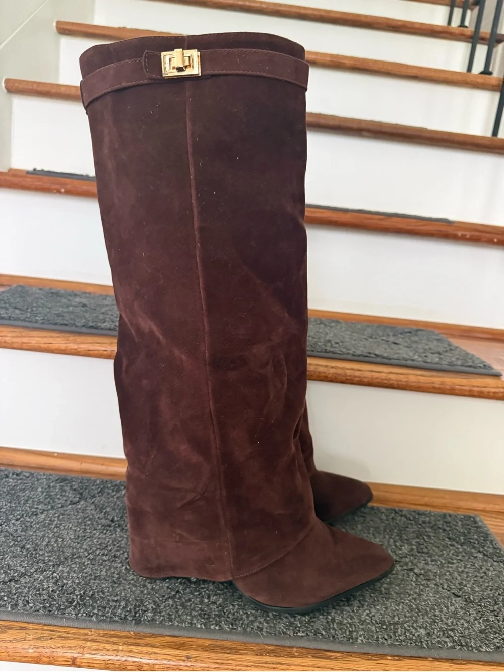 Tracy Over-the-Knee Suede Boots in Dark Brown with Gold Buckle Detail